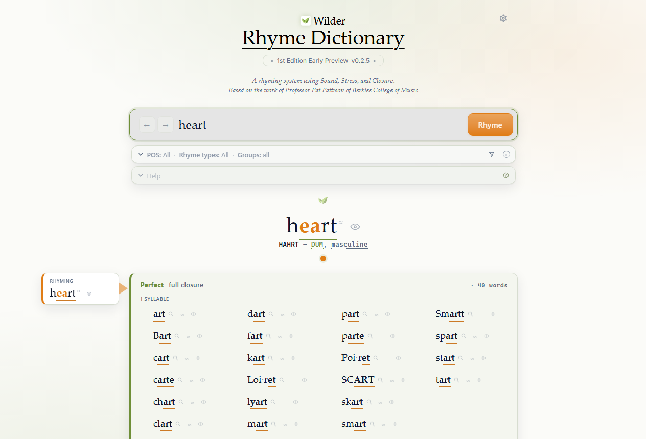 Wilder Rhymes rhyme dictionary showing search results for the word heart